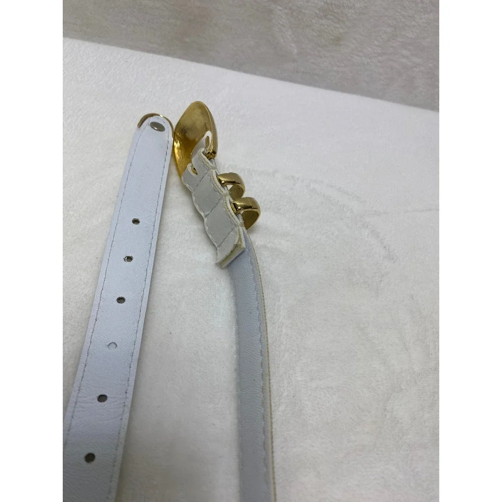 VTG Womens White Leather Skinny Dressy Belt Gold Tone‎ Buckle Metal Tip 37 Inch